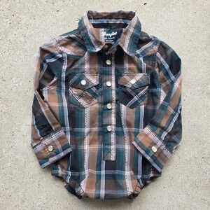 Wrangler Pearl Snap Baby One-Piece Size 3-6M Brown Plaid Long Sleeve Western
